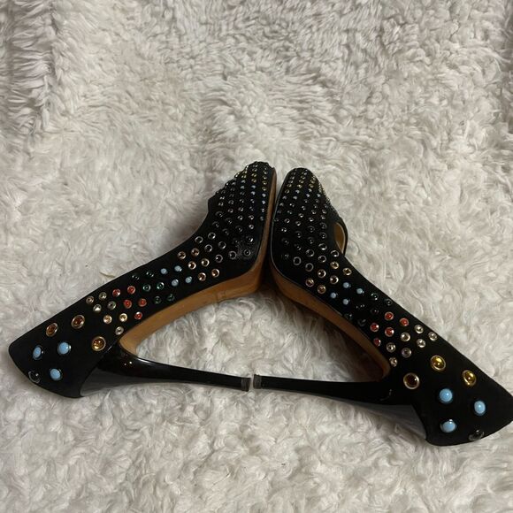 Giuseppe Zanotti Black Suede multi color  studs Peep Toe Platform Pumps EUR SZ37 - Picture 6 of 10